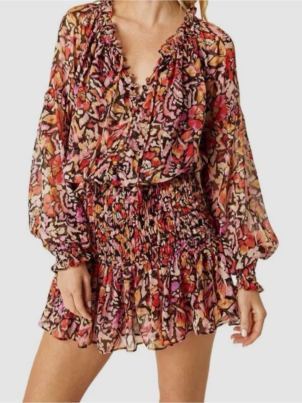 MISA Los Angeles Floral Long Sleeve Smocked Waist Mini Dress - Size S